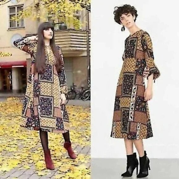 Zara Basic Patchwork Printed Midi Dress With Quarter Sleeves & Tie Details - Picture 1 of 13